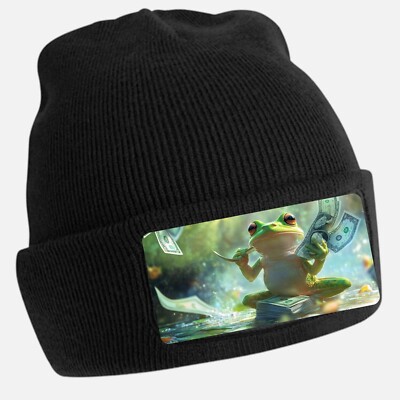 Black Beanie Hat with Cool Funny Frog Motif - Unisex Cap, Cotton