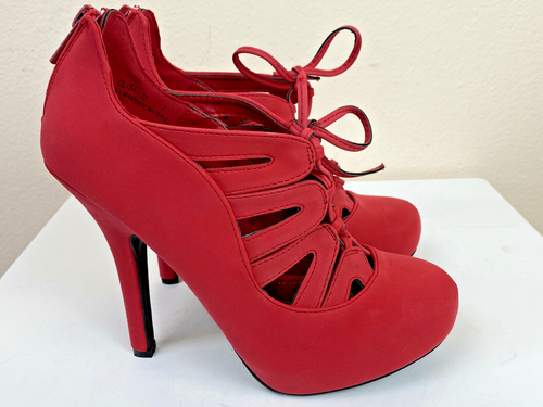 Bamboo Red Stiletto Platform Bootie 7M Dopamine High Heel Olisa-35 Zipper Pump - Picture 9 of 10