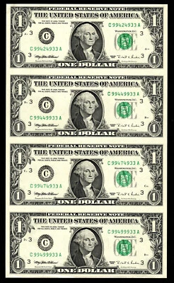 1995 $1 FEDERAL RESERVE NOTES UNCUT SHEET OF 4 Fancy C99449933A & C99499933A
