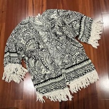 Umgee Womens Black White Paisley Kimono Fringe 3/4 Sleeves Boho Print Size Large
