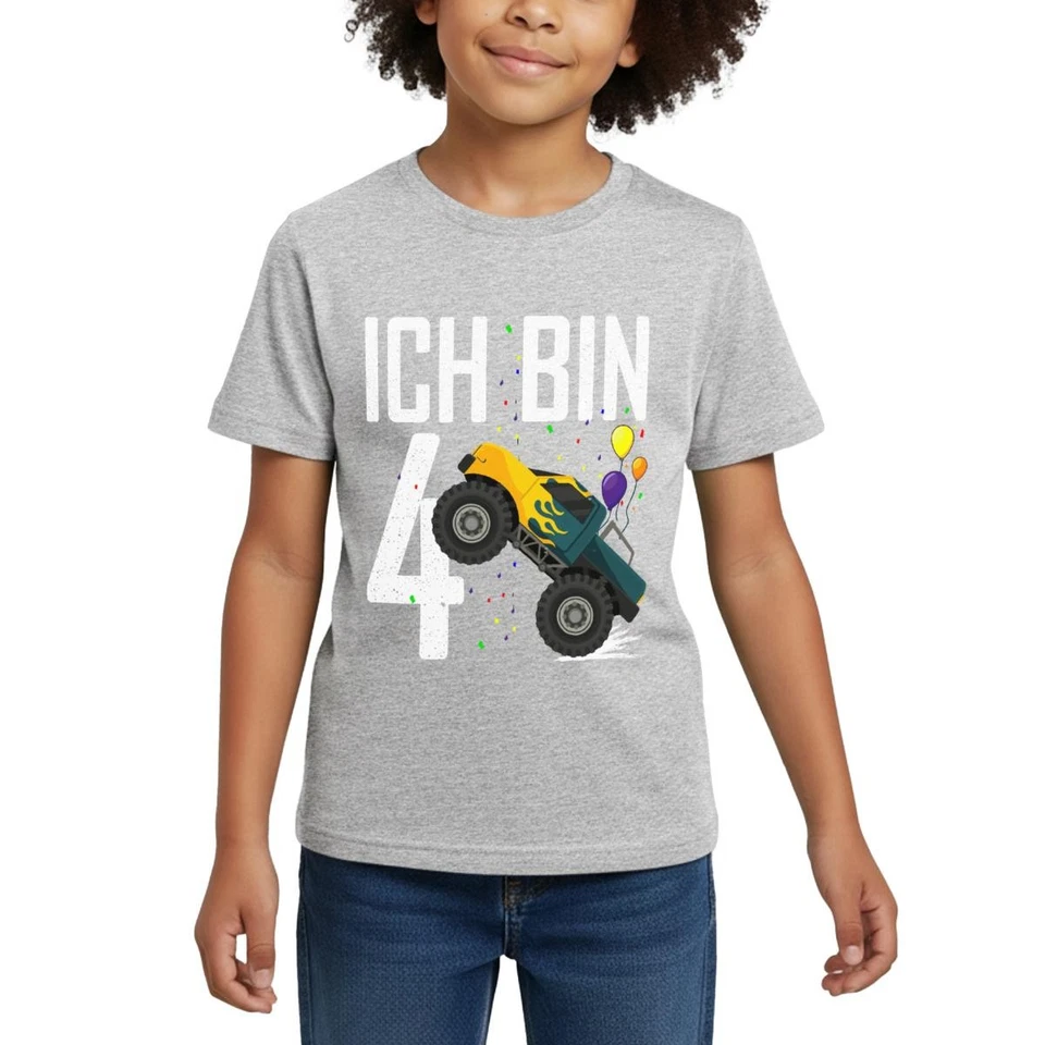4. Geburtstag Ich Bin Vier Monster Truck Spruch Auto Kinder T-Shirt - Bild 1 von 4