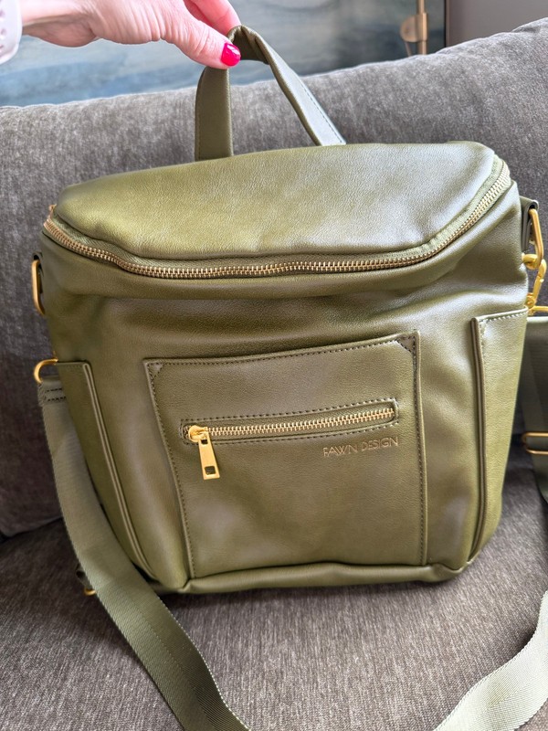 Fawn Design Mini  Backpack Diaper Bag Moss Green Sage Gold Hardware - EUC!
