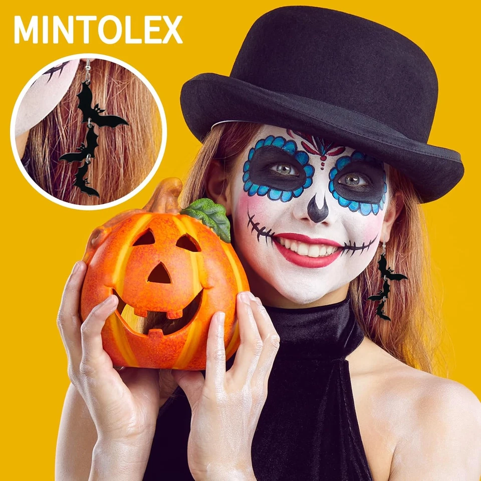Pendientes colgantes acrílicos de Halloween con calavera negra murciélago para mujer divertidos Cu Foto 4 de 4