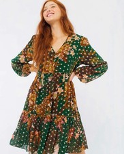 Farm Rio - Green, Tan, & Peach Jungle Print Mini Dress W/ Metallic Hearts Sz Xs