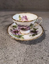 Tea Cup and Saucer, Bone China, Purple Floral, Rosina, Made In England 