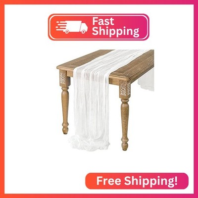 Ling's Moment 10Ft x 35'' Wide Brilliant White Gauze Semi-Sheer Table Runner Chee