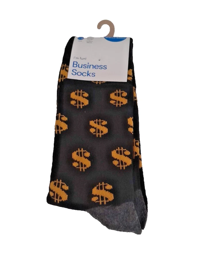 Men's Size 7-12, Dollar Sign Print, Novelty Crew Socks, Black,Gold, Cotton Blend - image 2 of 3