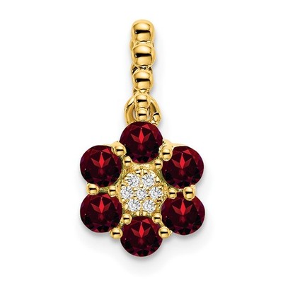 14k Gelbgold Rundschliff Granat und Diamant Floral Anhänger