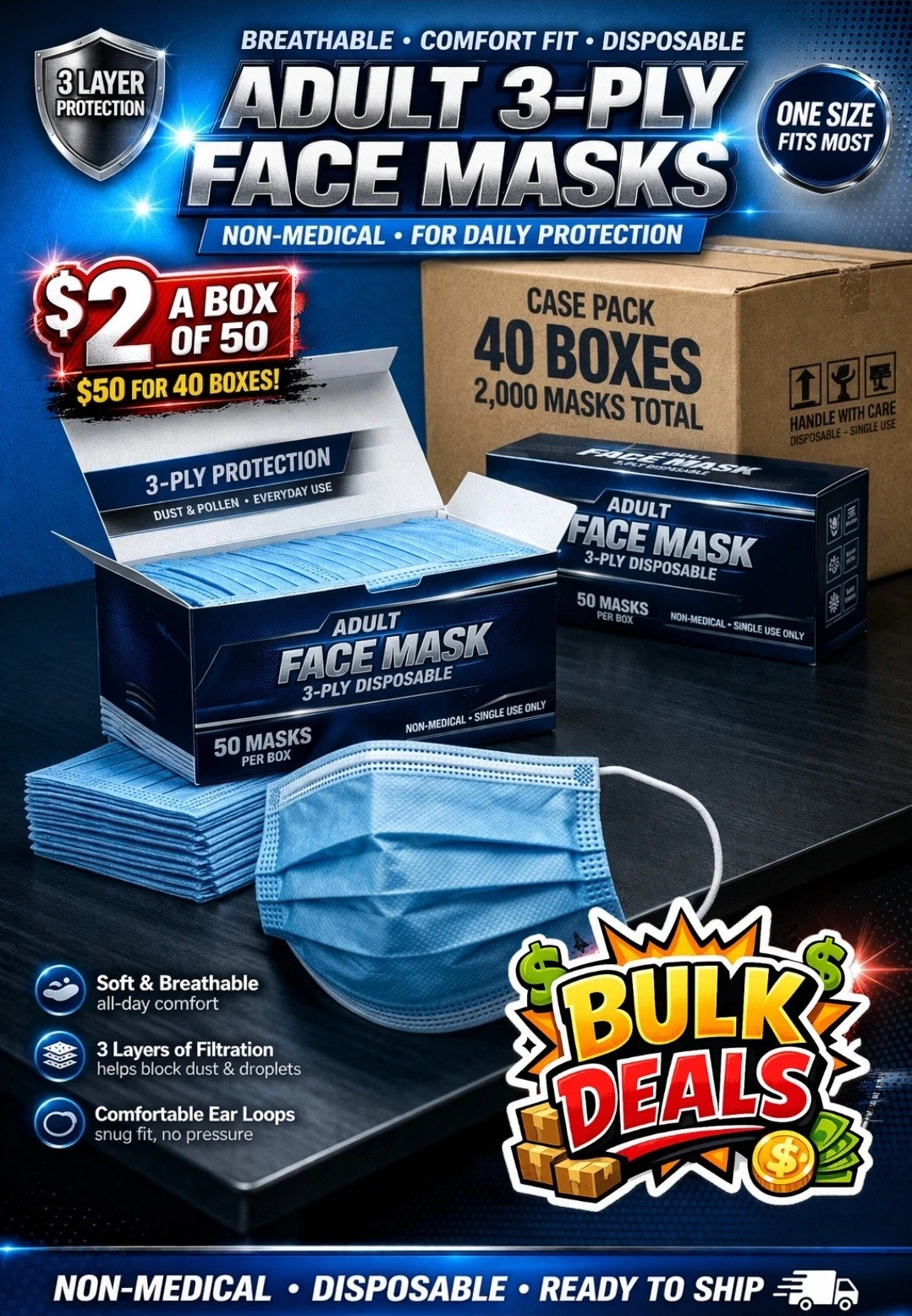 2000 Mask 3-Ply Adult Disposable Face Masks Earloop Breathable Bulk Case
Opens in a new window or ta