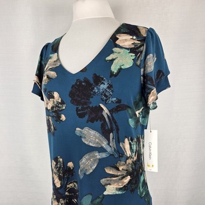 Calvin Klein Short Sleeve Blue Floral Top Blouse Women's S Career Secretary NEW