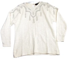 I B Diffusion Sweater Vtg Women Size 2X Ivory Silk Angora Blend Beaded Pullover