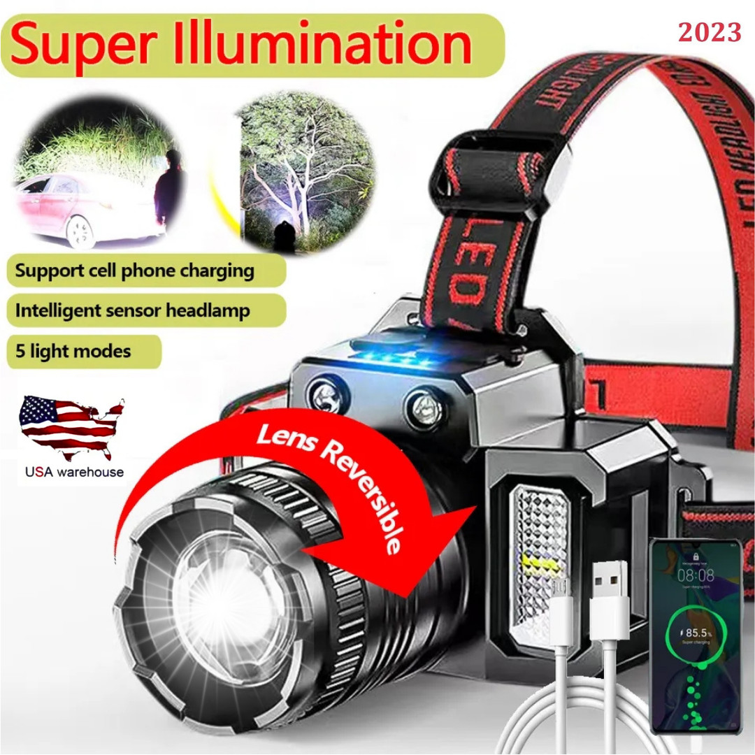 LED frontal interno súper brillante recargable USB Lampara de Cabeza con zoom