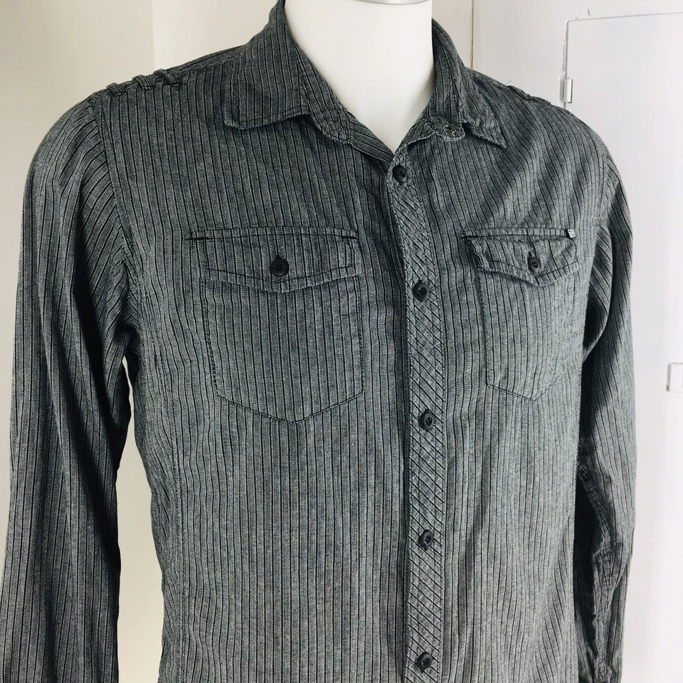 Ocean Current Men's Sz M Dress Shirt Black Striped Long Sleeve Button Up Cotton - Image 4 of 4
