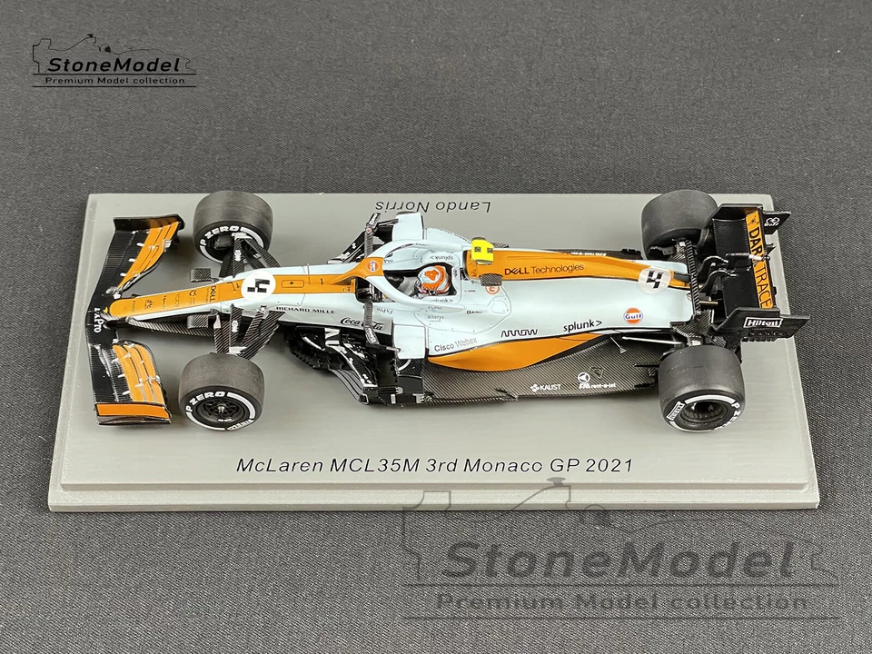 Mclaren F1 MCL35M 4 Lando Norris Monaco 2021 Spark 1:43 + calcomanía y tarjeta de fondo Foto 2 de 4