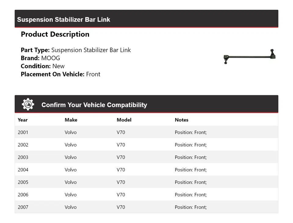 Barra estabilizadora de suspensión delantera MOOG 2001-2007 Volvo V70 2001-2007 2001 2002 2003 Foto 2 de 4