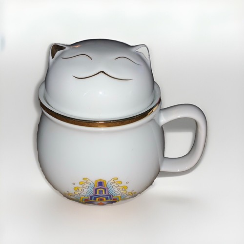 Maneki-Neko Tea White Ceramic Cat Kitty Travel Cup with Strainer and Lid 10 oz - Picture 2 of 12