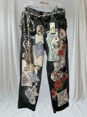 Handmade Upcycled Patchwork Jeans CottageCore Boho Boyfriend Appliqué OOAK New