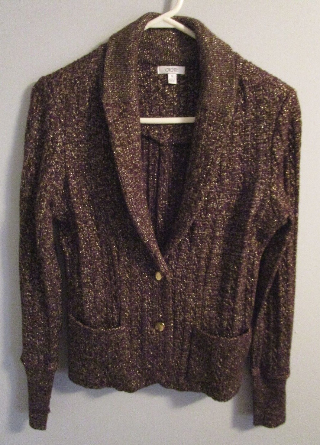 Caché Brown & Gold Collared Button Front Cable Kn… - image 1