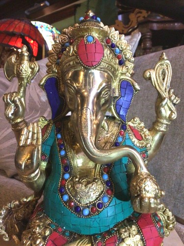 Ganesh grande statua ottone pietre intarsiate scultura tempio divinità orientale 31 cm 8 kg - Foto 3 di 12