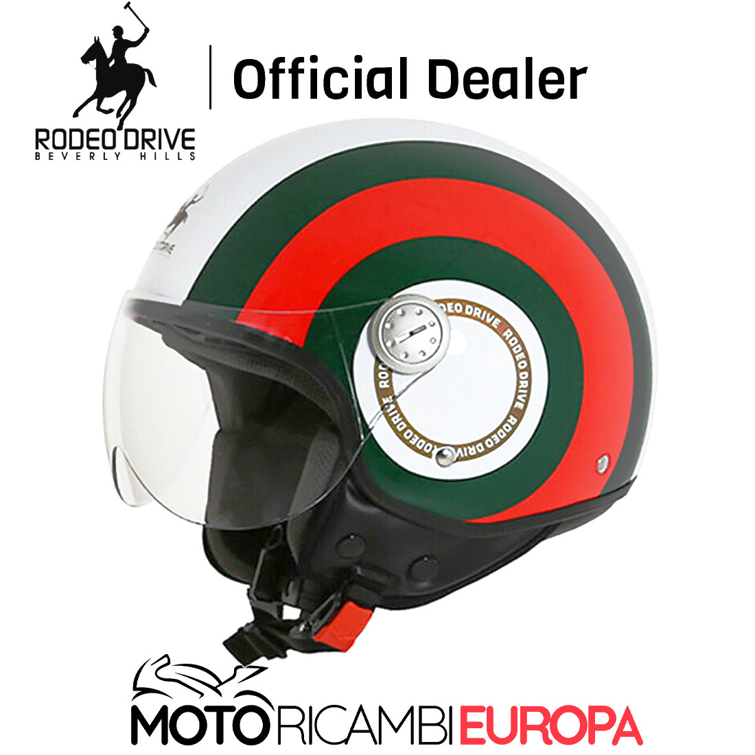 CASCO MOTO DEMI JET RODEO DRIVE BIANCO ROSSO VERDE LUCIDO OMOLOGATO VISIERA FUMÈ