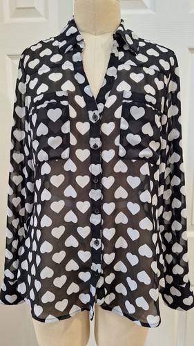 Express Heart Roll Tab Long Sleeve Sheer Button-Up Portofino Shirt Black Size: M