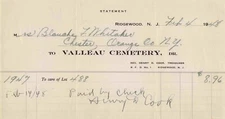 Billhead, Valleau Cemetery, Care Invoice, Ridgewood, New Jersey NJ 1948