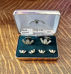 Authentic Robert Emmet Gold Plated Ireland Claddagh Cuff Links & Button Covers