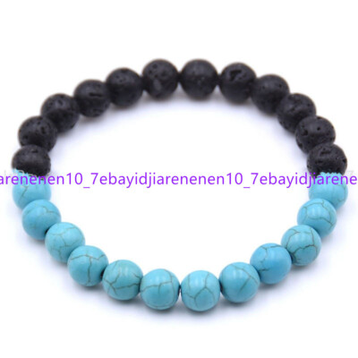 8mm Natural Black Lava Stone &MultiColor Gems Round Beads elastic Bracelet 7.5''