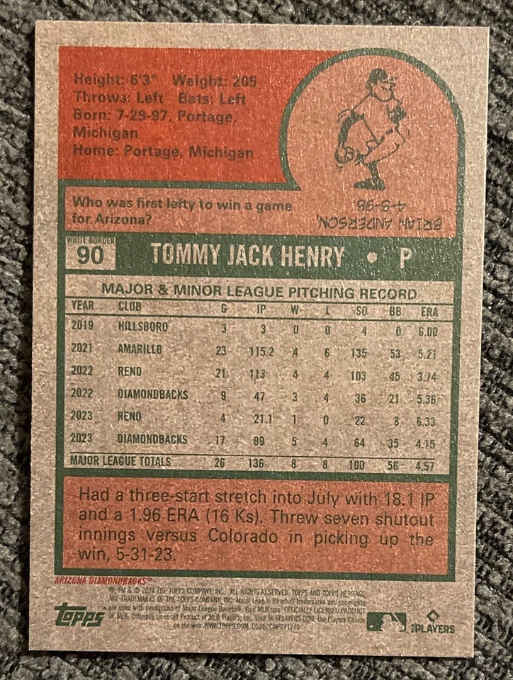 2024 Topps Heritage #90 Tommy Henry Low Number Short Print SSP Red Border  - Image 2 of 2