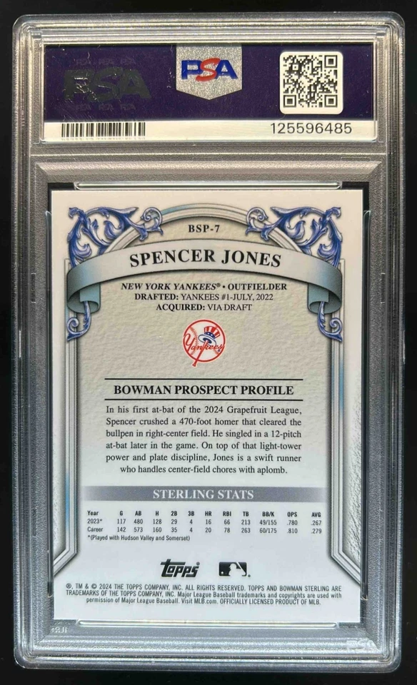 2024 Bowman Sterling Spencer Jones Prospect Silver Refractor #/100 PSA 10 - Image 2 of 2