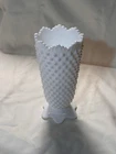 Vintage 7” Tall Fenton White Milk Glass Hobnail Vase with Crown Scalloped Rim