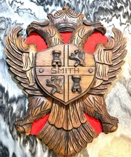 Medieval Smith Carved Wood Double Eagle Griffin Family Shield Coat of Arms *3.5