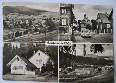 Postcard Breitenbach, partial view, main street, log cabin, 1975