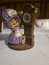 Vintage 1974 Byron Molds Ceramic Bonnet Girl With Cat Grandfather Clock  