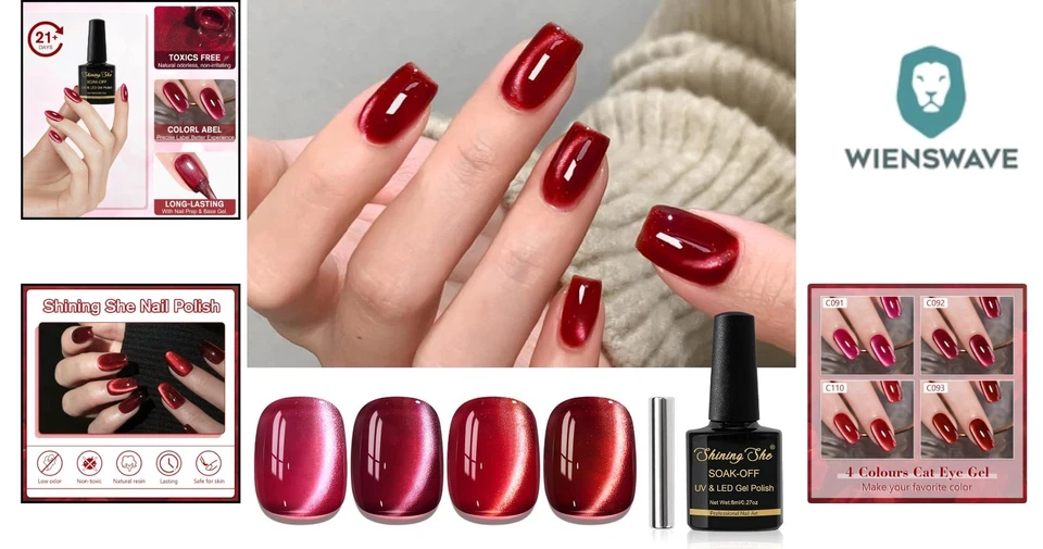 Nagellack Rot UV Jelly Magnet CatEye, 4 Farben Burgund Rot Kirschrot Glitzer ... - Bild 2 von 4