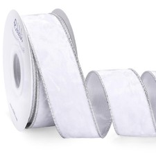 White Velvet Wired Ribbon 1.5 Inch Metallic White Silver Crushed Velvet Chris...