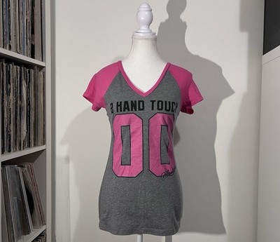 Y2K Hooters Uniform Baby Tee Pink Gray Raglan V Neck Graphic Fitted Women s S