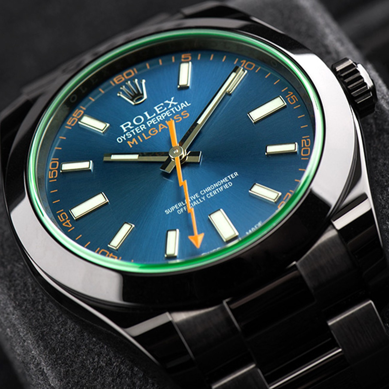 Rolex Milgauss 40mm Green Crystal Blue Dial Black PVD/DLC Steel Watch 116400GV image 3