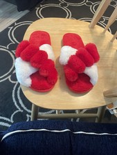 Soft Fuzzy Red White Band Slip on Open Toe Cozy Plush Slippers Size 9 1/2