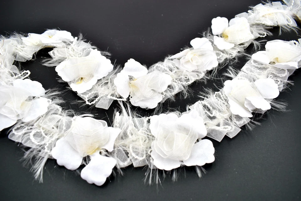 Sheer Roses Elastic Trim,White,Pearl Loops,White Satin Leaves,Satin Strings,1yd. - Image 2 of 3