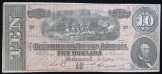 1864 The Confederate States Of America Richmond VA $10 Note Civil War Currency