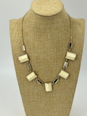 Metaphor Rectangular Statement Necklace Gold Tone Cream Inlay 16-18''