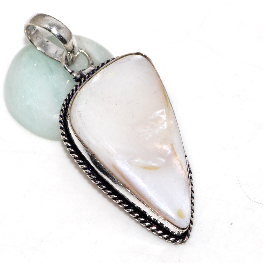 Mother of Pearl 925 Silver Plated Gemstone Pendant Jewelry 2 Inch Elegant JW