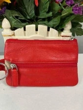 LEVENGER Red Pebbled Leather Small Zip Coin Card Case w. Hidden Key Ring