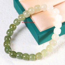 Natural Green Jade Nephrite Bracelet 8mm Cushion Bead Elastic Bracelet 6.3inch