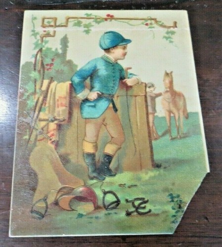 HORSE JOCKEY AND HORSE SHOE'S VICTORIAN TRADE CARD 1800'S LITHO