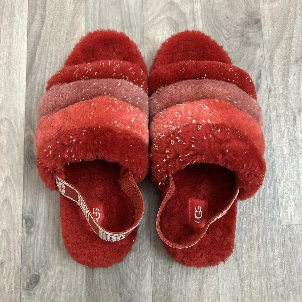 Red ugg fur slides best sale