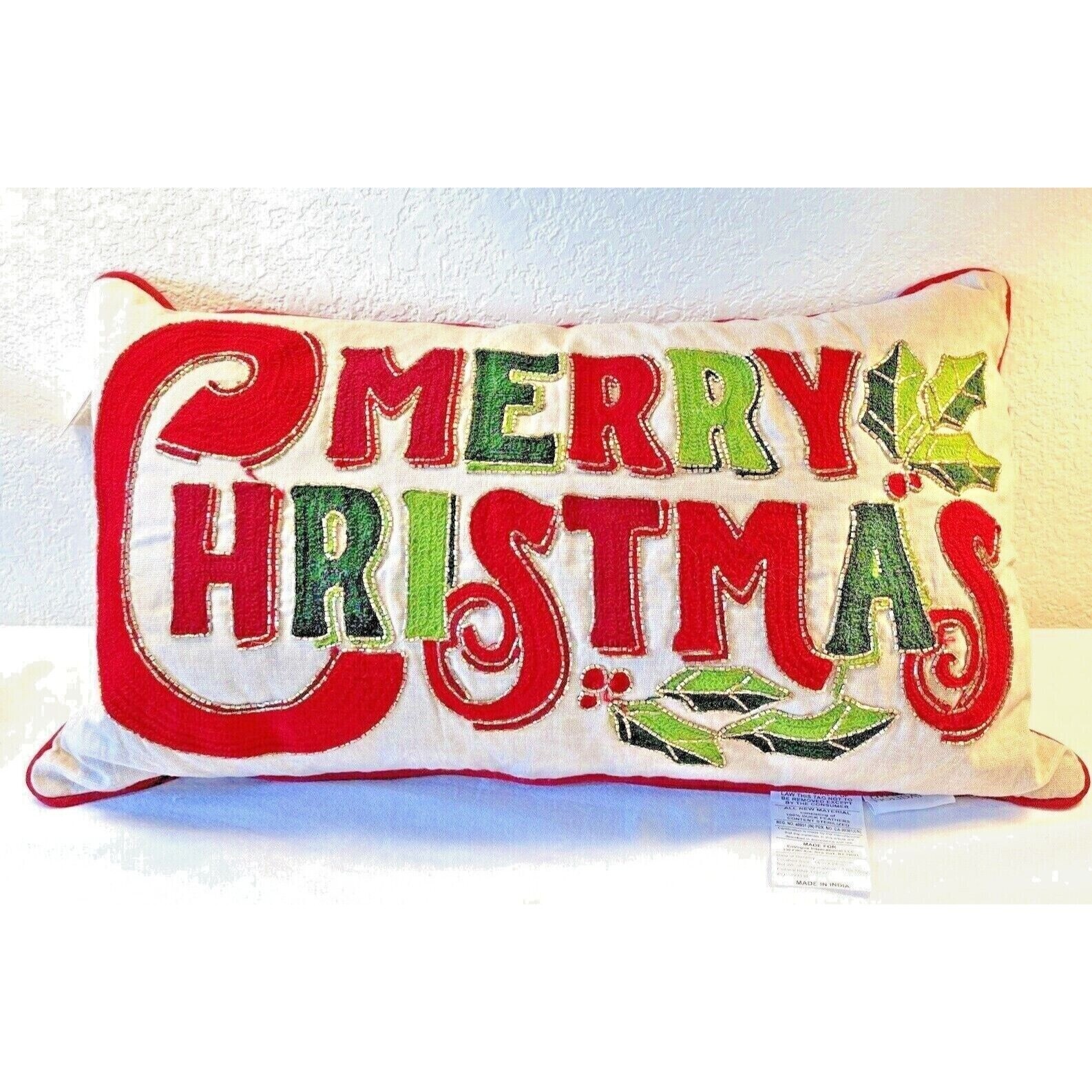 Merry Christmas Pillow Embroidered Beaded Zippered EnVogue Holiday NEW