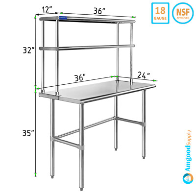 24'' x 36'' Stainless Steel Open Base Table With 12'' Wide Double Tier Overshelf