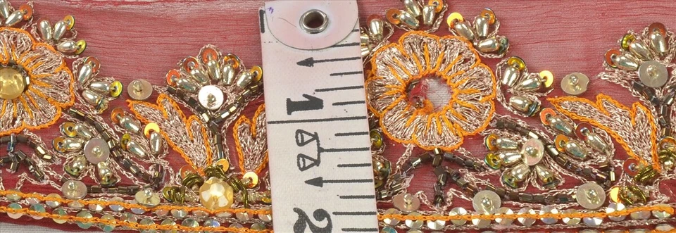 Sanskriti Vintage Saree Border Hand Beaded 1Yd Trims Decor Lace 2"W Maroon - Image 4 of 4